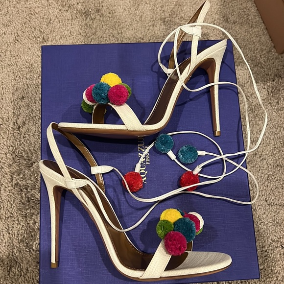 BNIB Aquazzura Pom Pom sandals multicolour white leather strap heels sandals - Picture 4 of 7